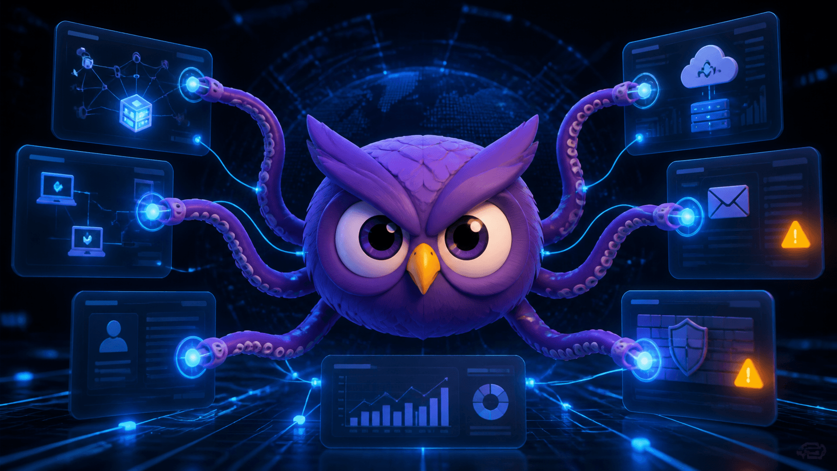 A purple HackWednesday owl head with octopus-like agent arms connected to corporate security dashboards, cloud, identity, email, endpoint, and firewall panels.