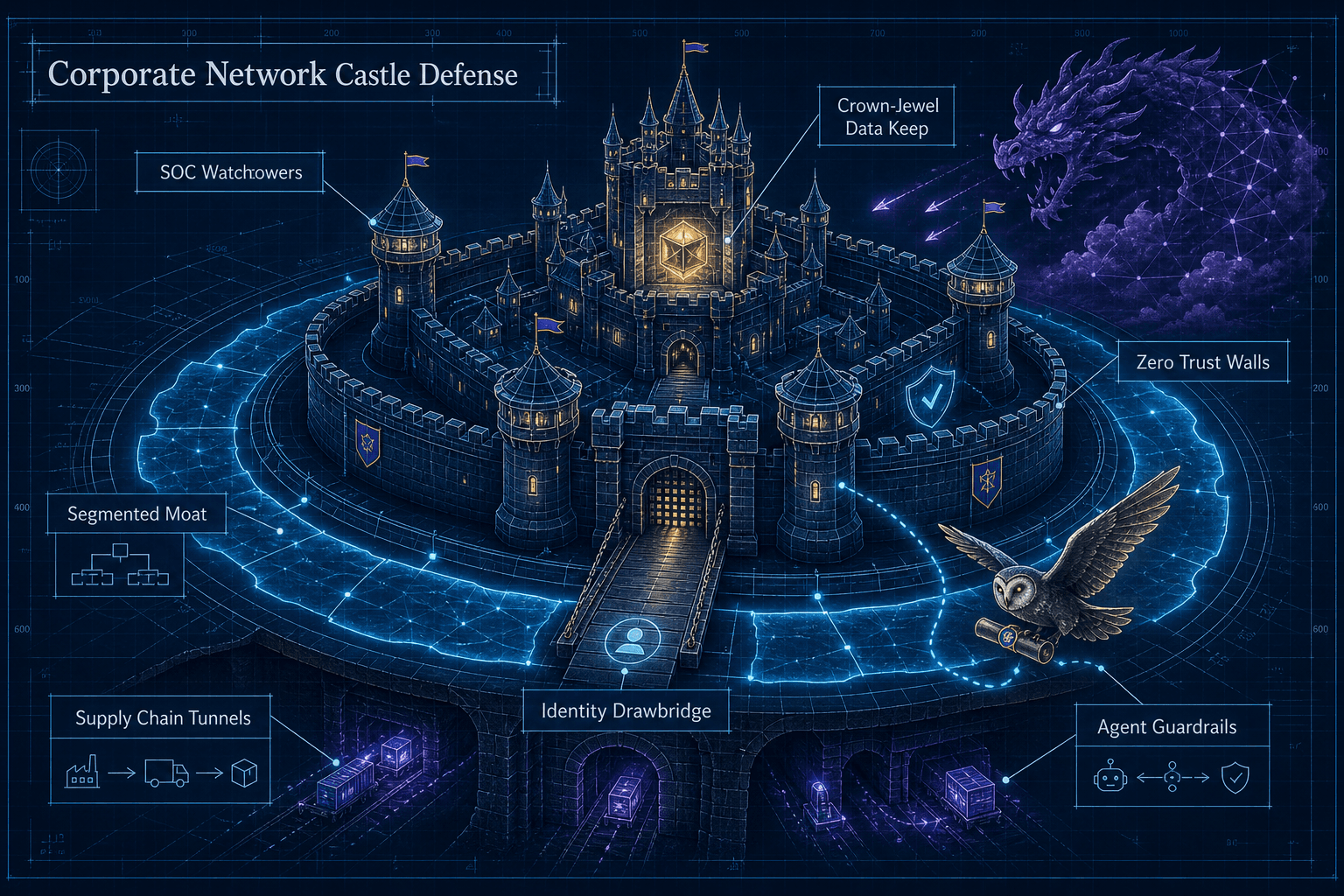 A corporate network castle defense blueprint showing segmented moat, identity drawbridge, Zero Trust walls, SOC watchtowers, supply-chain tunnels, agent guardrails, and crown-jewel data keep.