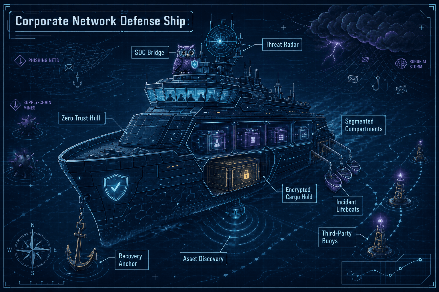 A corporate network defense ship blueprint with the HackWednesday owl watching from the SOC bridge.
