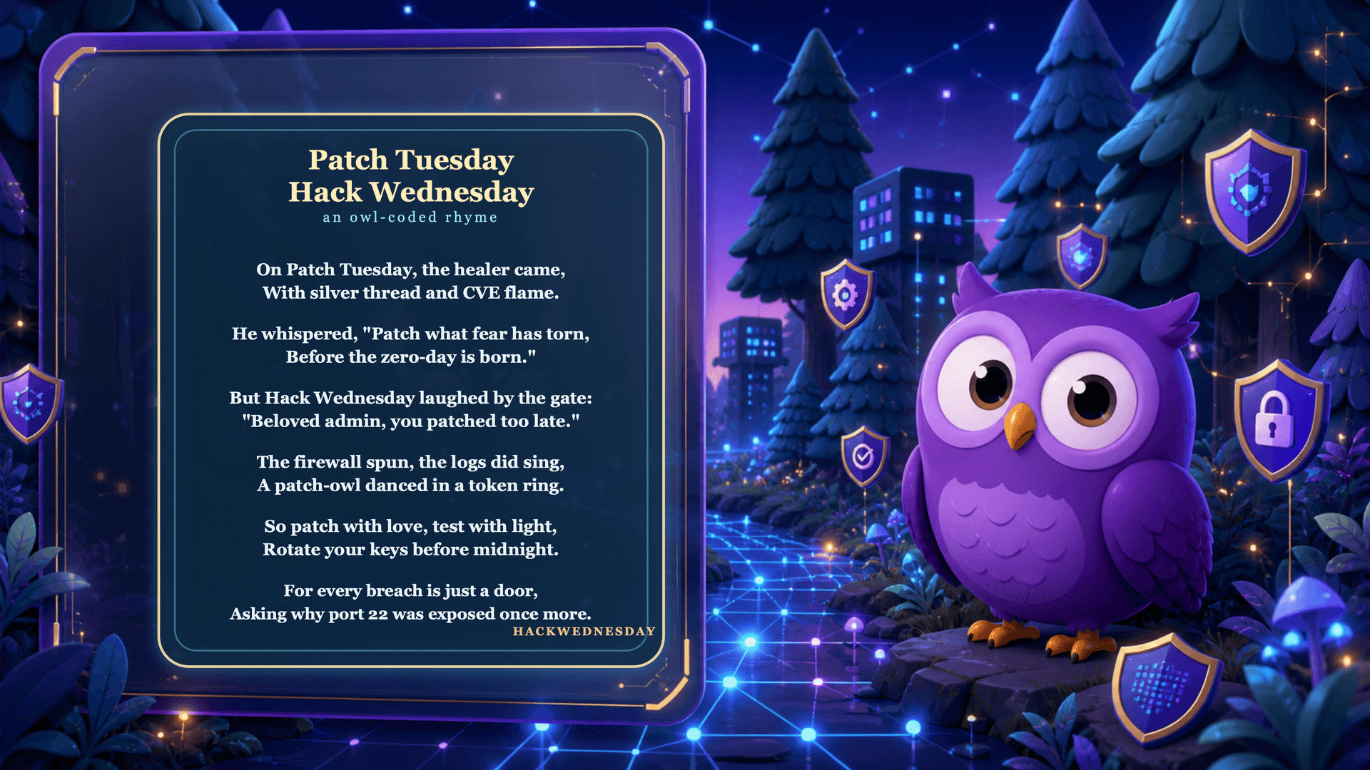 A framed Patch Tuesday Hack Wednesday security poem beside the HackWednesday purple owl mascot in a cyber forest.