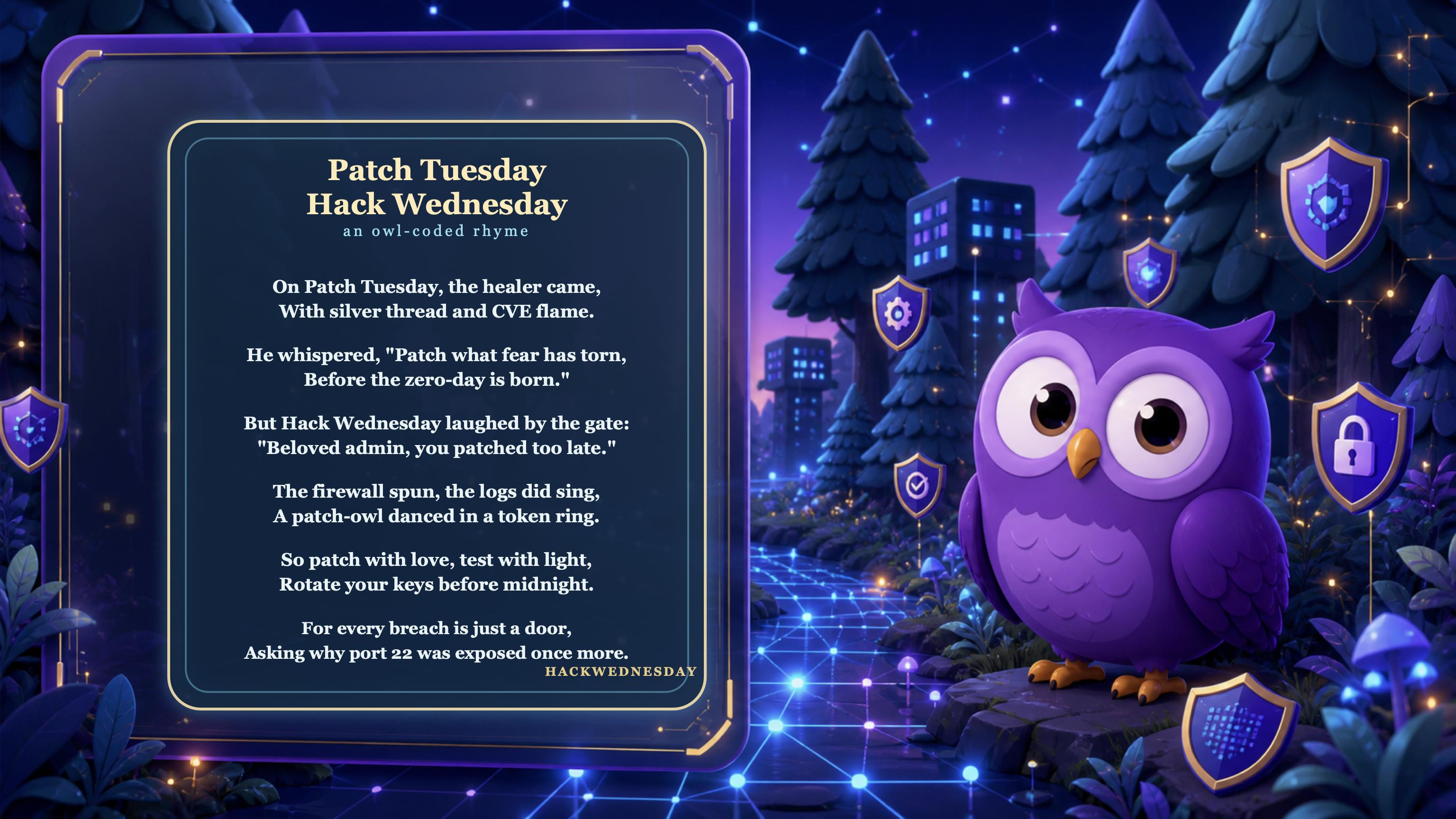A framed Patch Tuesday, Hack Wednesday poem beside our purple owl in a glowing cyber forest.