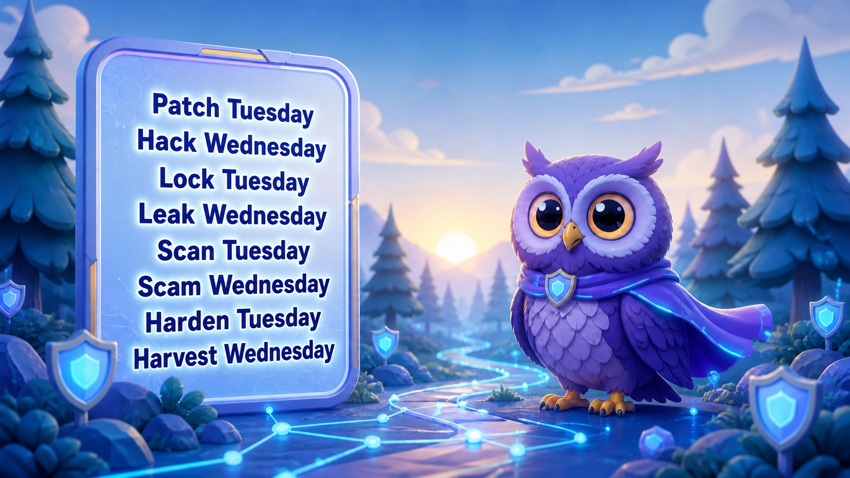 A dawn cyber forest with the HackWednesday purple owl mascot beside a mirror containing the Patch Tuesday Hack Wednesday security rap.