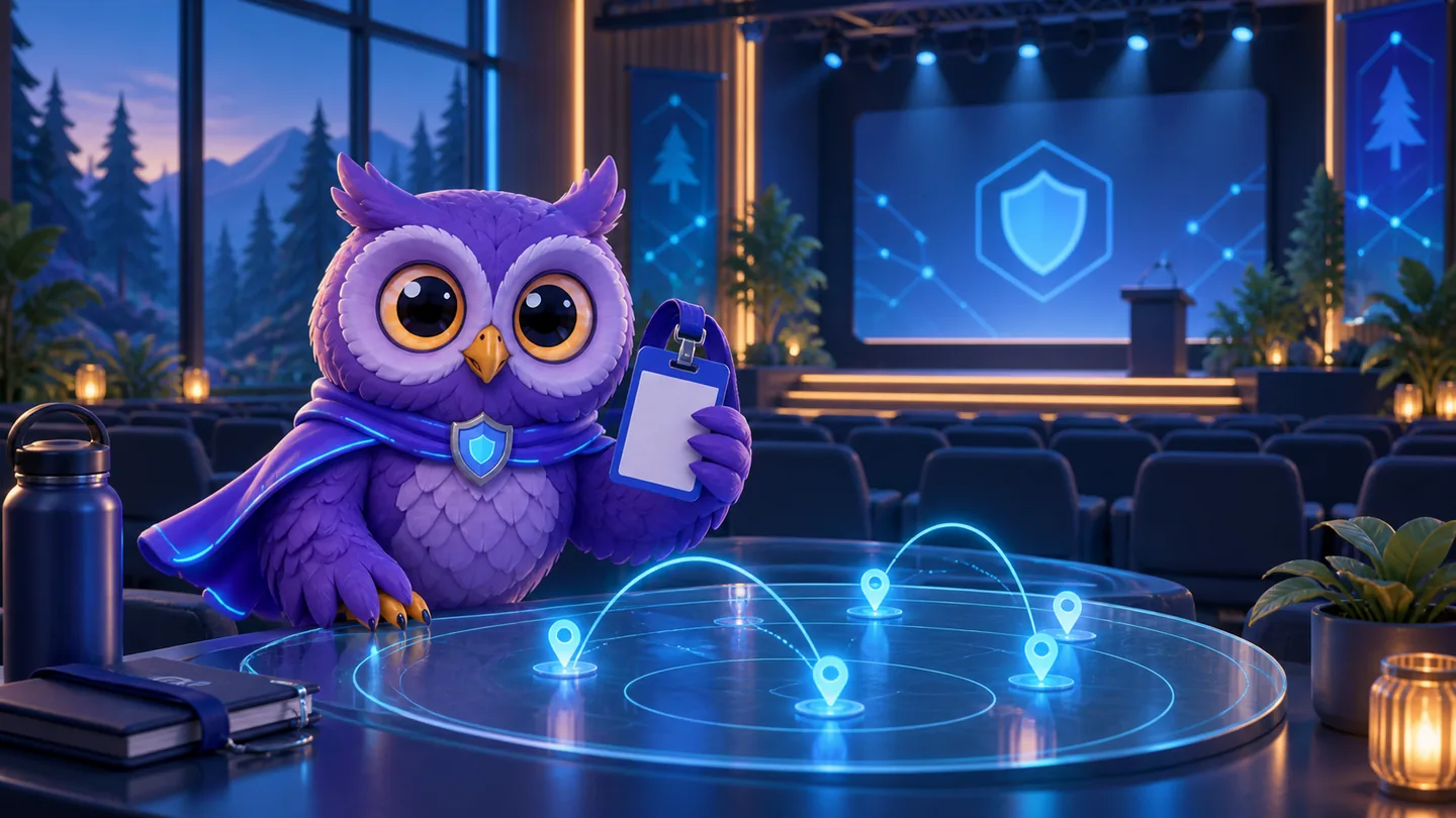 A purple owl holding a conference pass beside an event radar in an auditorium.