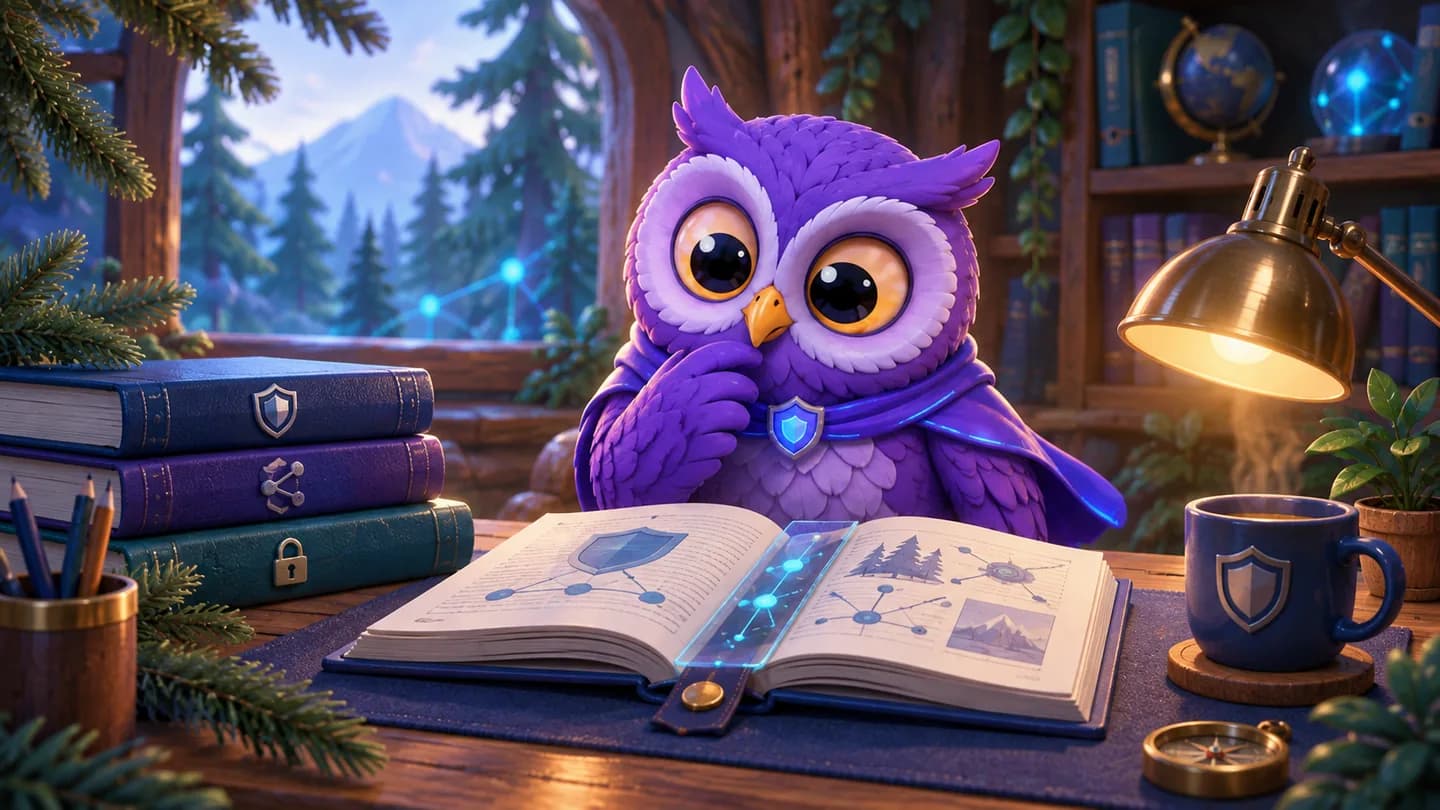 A purple owl reading a security field guide beside stacked notebooks in a forest library.