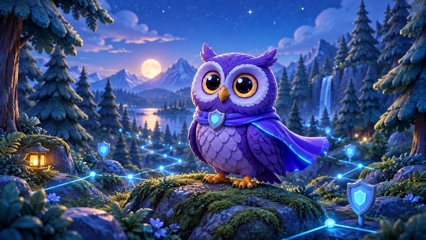 The HackWednesday purple owl mascot standing among stylized trees for blog pages.