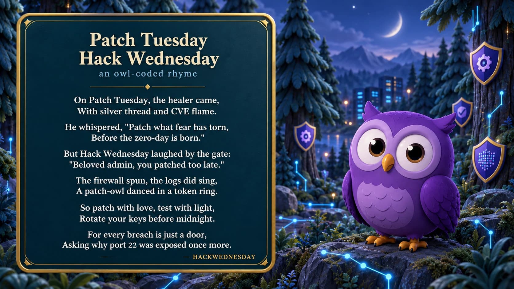 A framed Patch Tuesday, Hack Wednesday poem beside the purple owl in a blue pine forest.