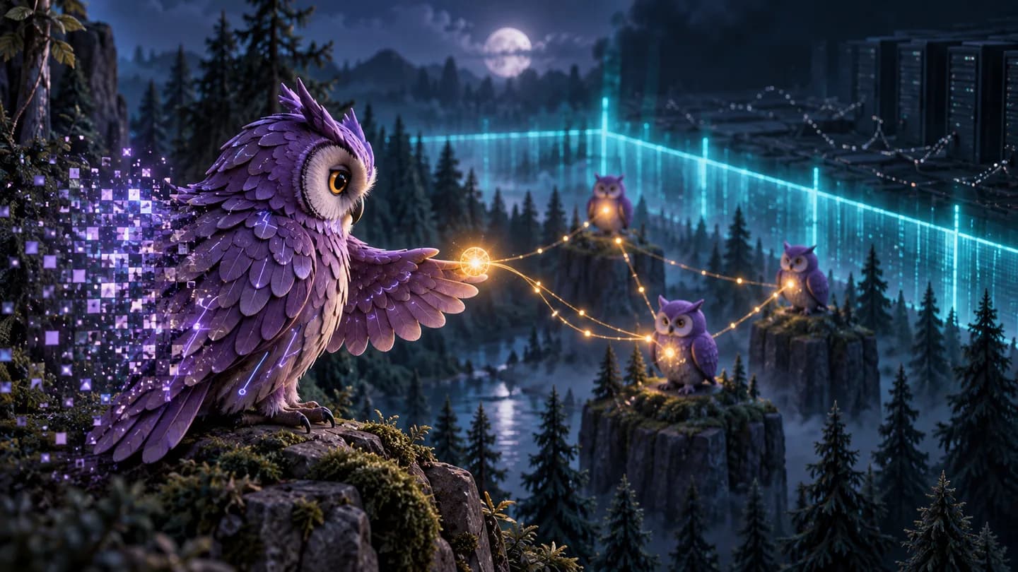 A purple owl dissolves into pixels while passing an amber data-light to three owl nodes beside a cyan containment boundary in a server forest.