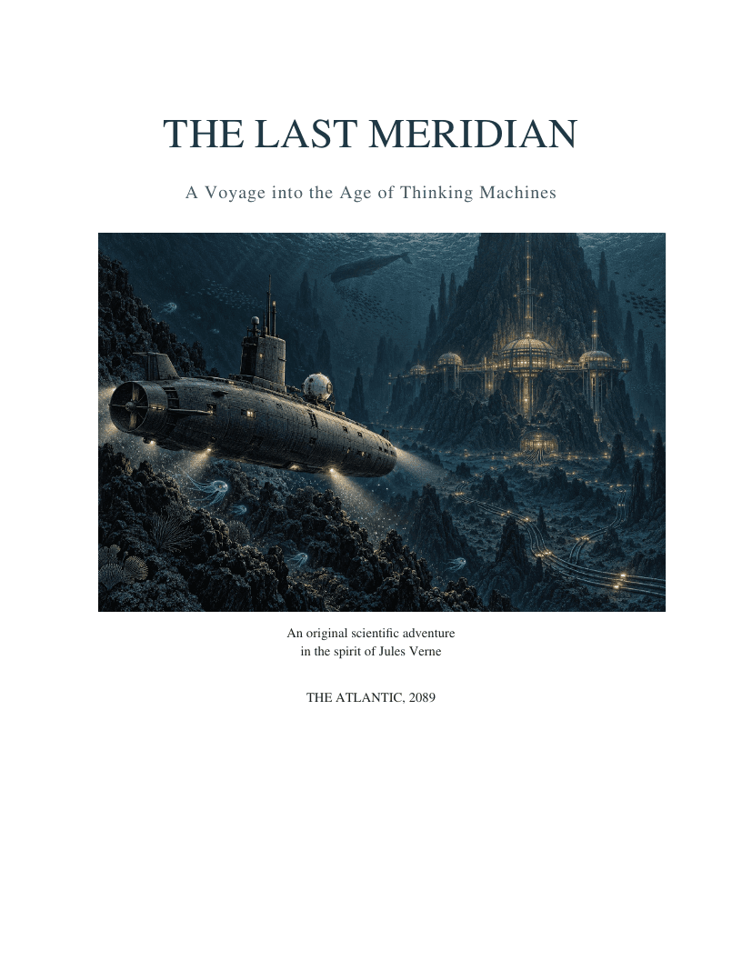 Cover of The Last Meridian, showing a submarine approaching an illuminated undersea city.
