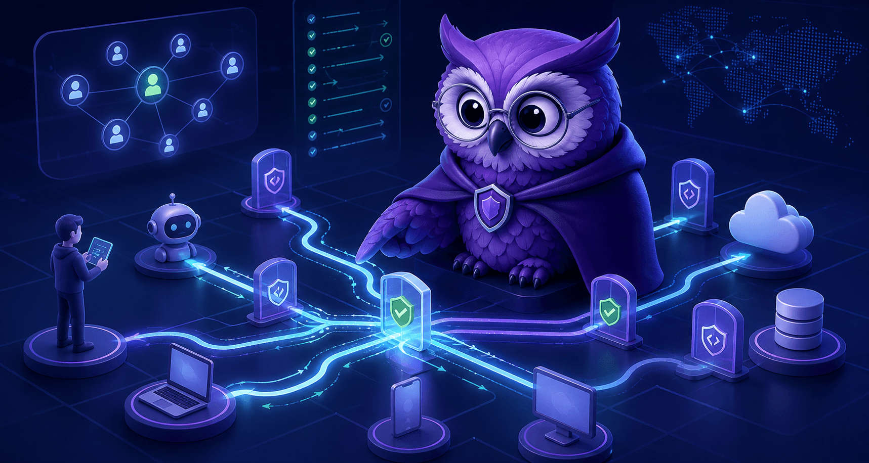 A purple HackWednesday owl guarding Zero Trust AI agent access paths.