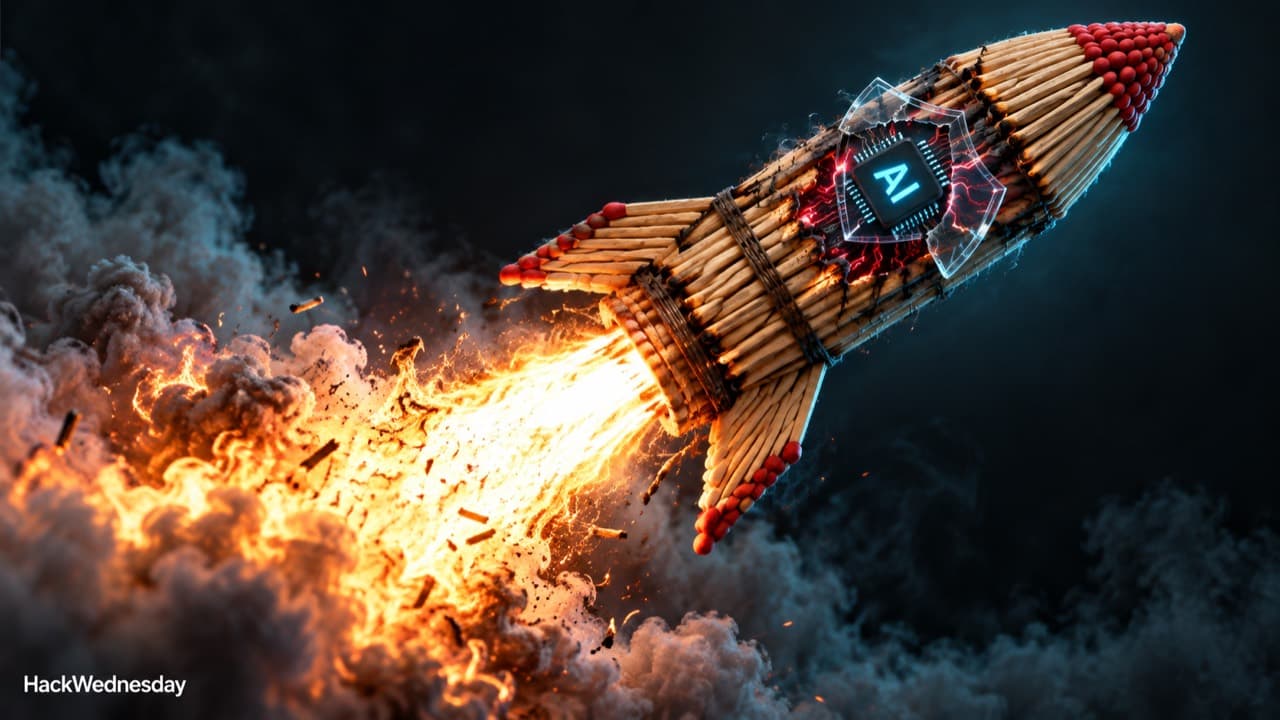A rocket built from matches, carrying a glowing AI chip and shield, launches through flames and smoke.