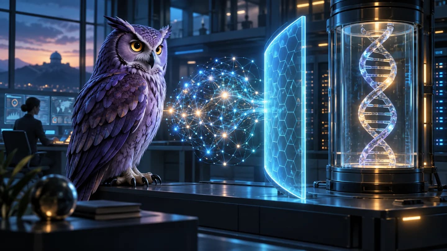 A purple owl guardian beside a blue shield separating an abstract AI network from a DNA helix, with human oversight in the background.