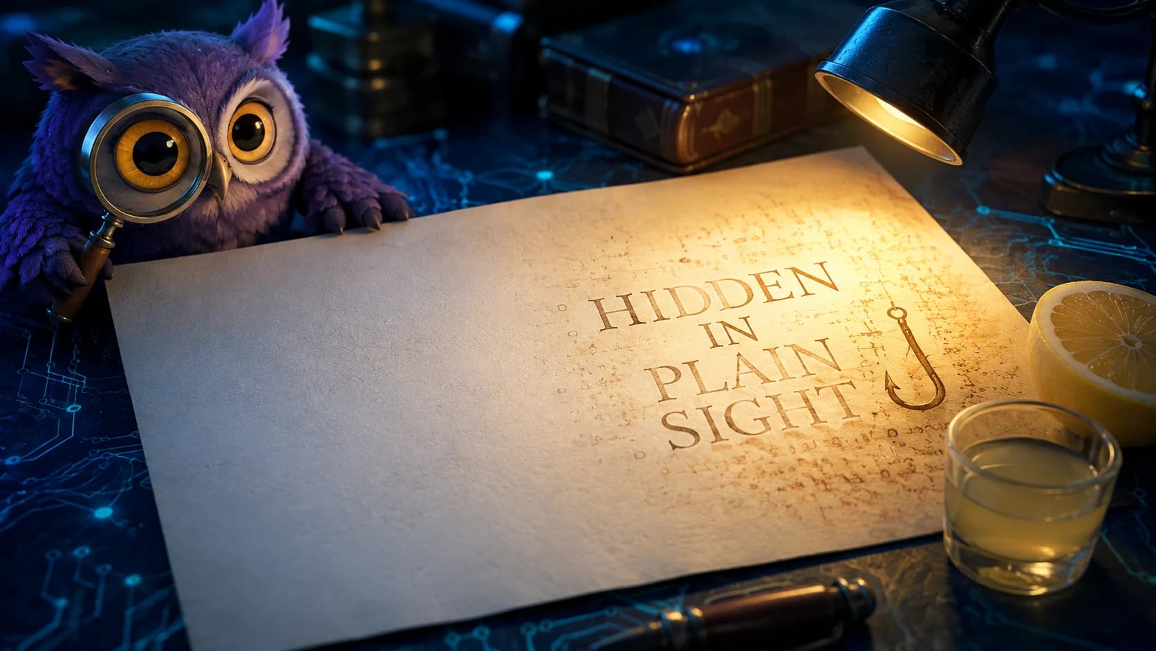 A purple owl examines paper beside a lemon; warm light reveals Hidden in Plain Sight and a phishing hook on its otherwise blank surface.