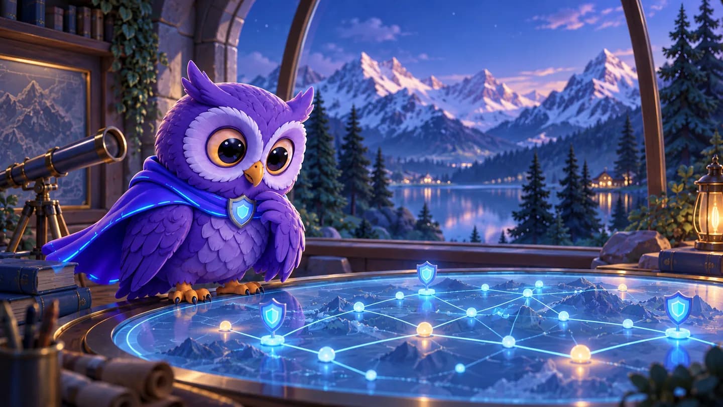 A purple owl studying a glowing network map in an alpine observatory.