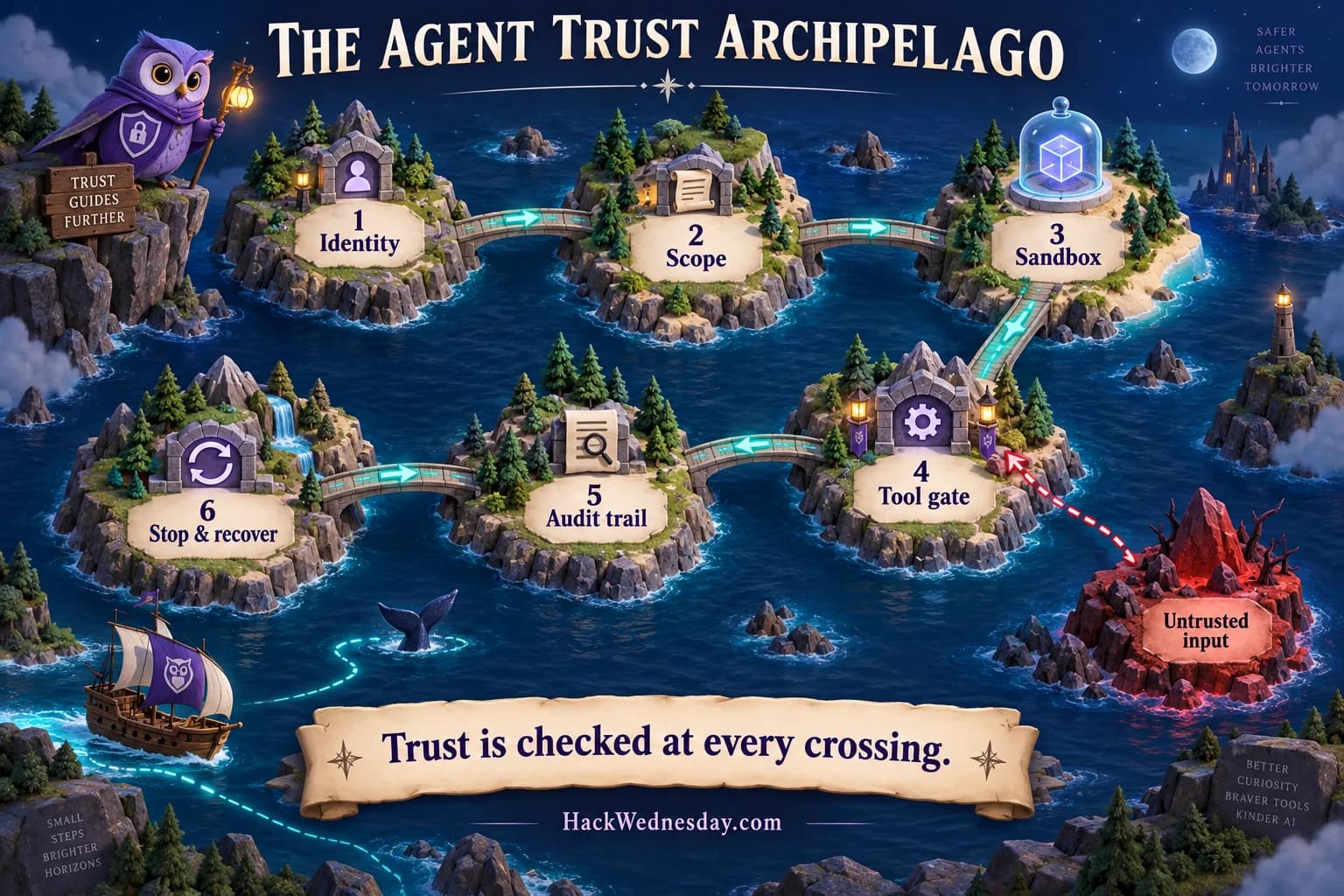 Purple owl overlooking six connected islands labeled Identity, Scope, Sandbox, Tool gate, Audit trail, and Stop and recover, with a separate untrusted-input island.
