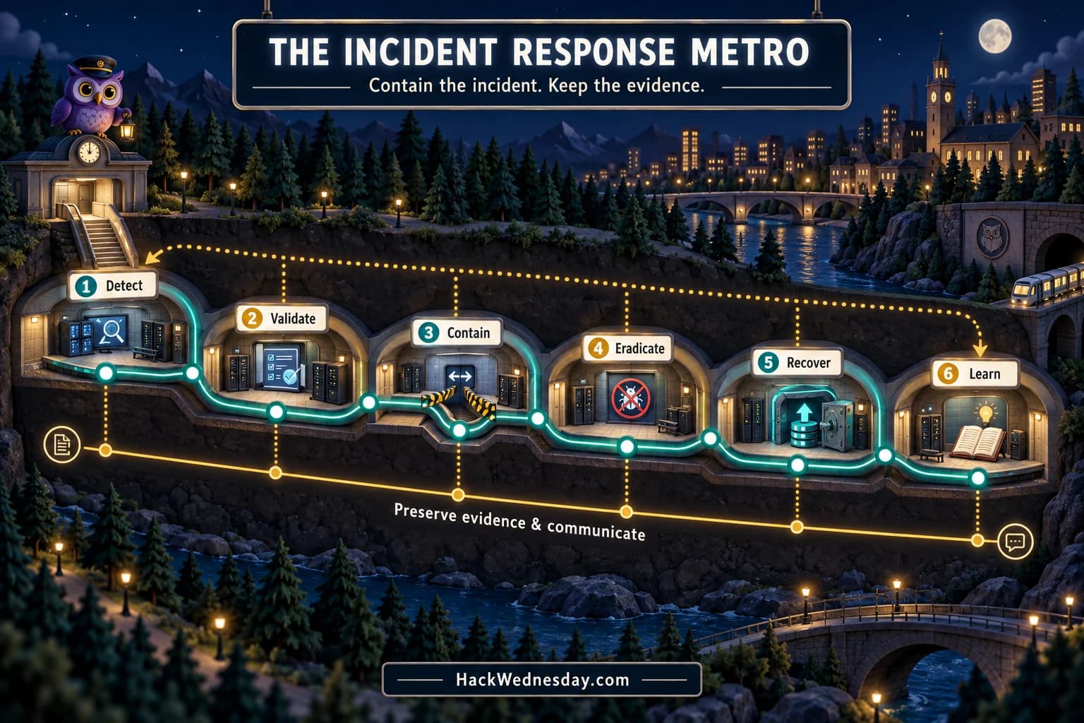 Owl stationmaster above a six-station incident-response metro: Detect, Validate, Contain, Eradicate, Recover, and Learn. A parallel line represents evidence preservation and communication.