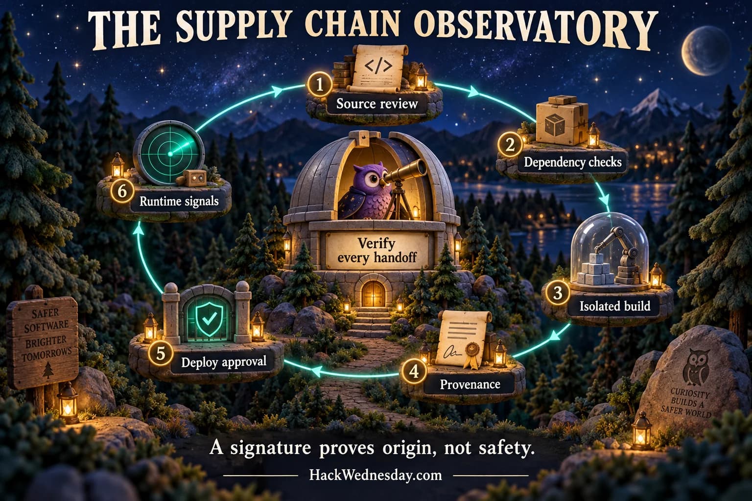 Purple owl astronomer at an observatory surrounded by six orbital checkpoints: Source review, Dependency checks, Isolated build, Provenance, Deploy approval, and Runtime signals.