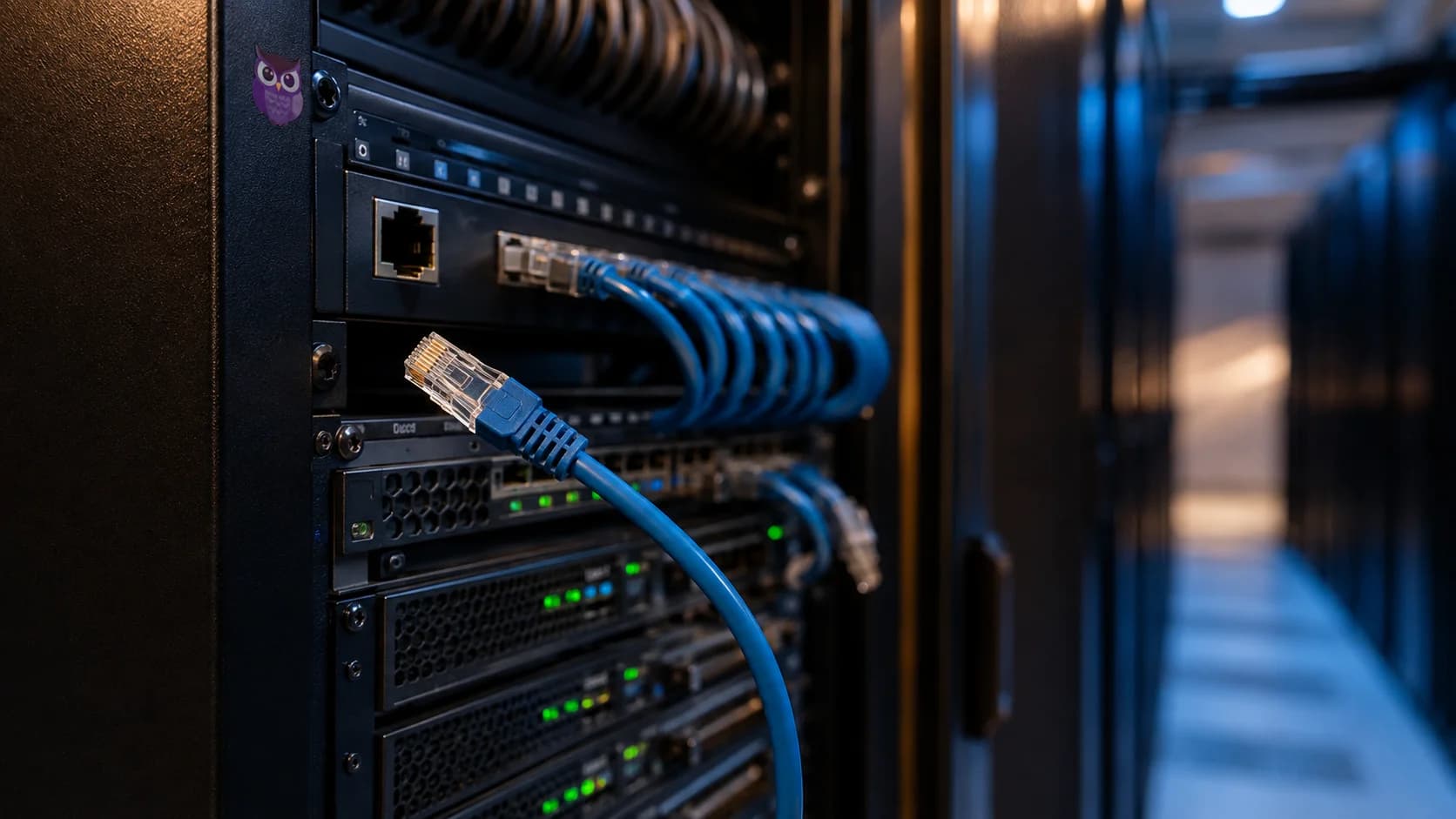 An unplugged blue Ethernet connector hangs in front of a server rack with an empty network port, green status lights, and a small purple owl emblem.